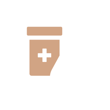 The image displays a stylized icon featuring a pill bottle, a tablet, and a computer mouse, all set against a black background.
